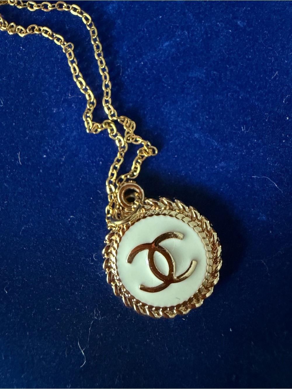 Gold-Tone Chain Necklace with White Enamel Pendant and Interlocking Logo